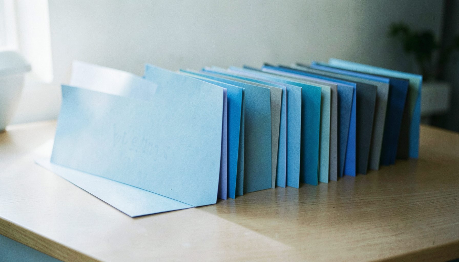 Candid documentary image of a plain desk with a neat row of muted paper folders in soft blue and grey tones